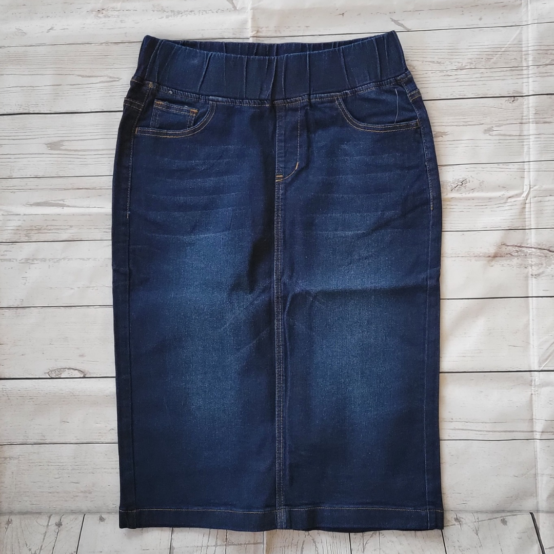 Elastic waist denim 2025 skirt knee length